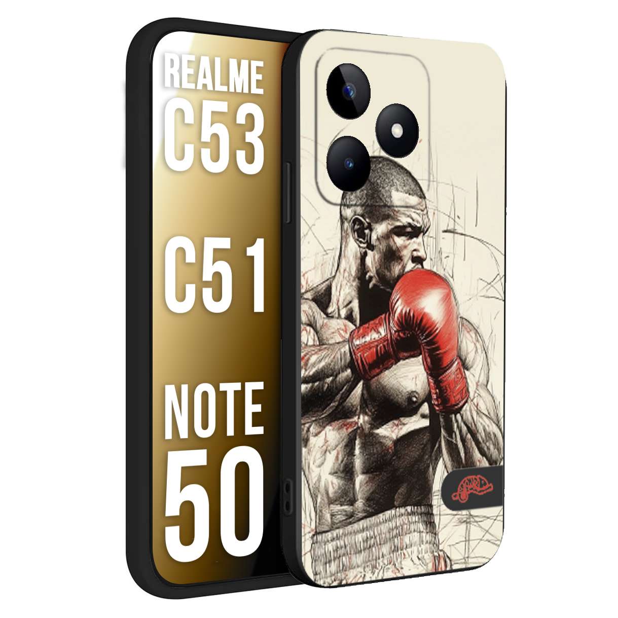 CUSTOMIZZA - Custodia cover nera morbida in tpu compatibile per Realme C53 - C51 - NOTE 50 pugilato pugili disegno tattoo guantoni box sport ring