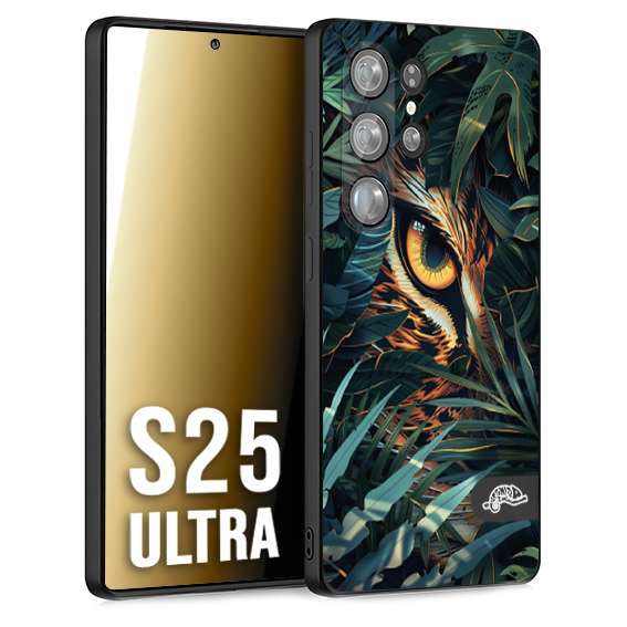 CUSTOMIZZA - Custodia cover nera morbida in tpu compatibile per Samsung S25 ULTRA animali color giungla tropicale occhio di giaguaro felino disegnato