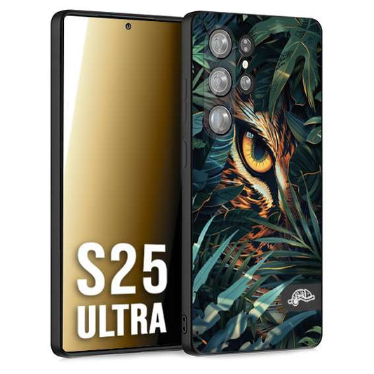 CUSTOMIZZA - Custodia cover nera morbida in tpu compatibile per Samsung S25 ULTRA animali color giungla tropicale occhio di giaguaro felino disegnato