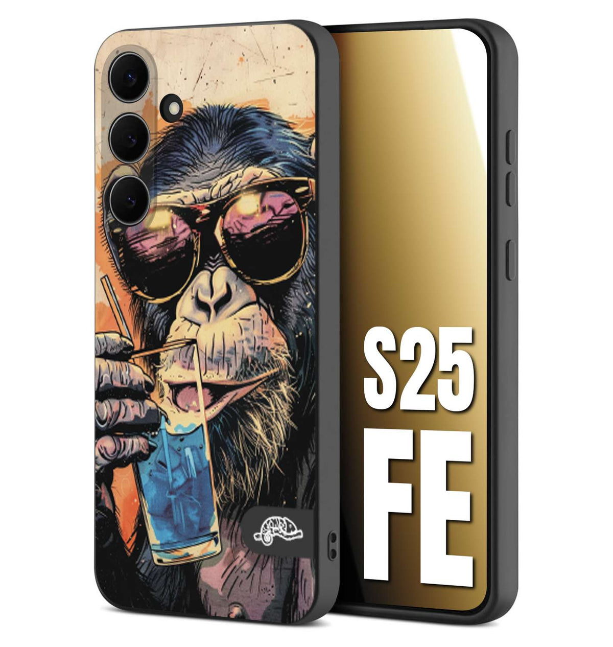CUSTOMIZZA - Custodia cover nera morbida in tpu compatibile per Samsung S25 FE estate disegnata cocktails animali simpatici scimmia monkey negroni