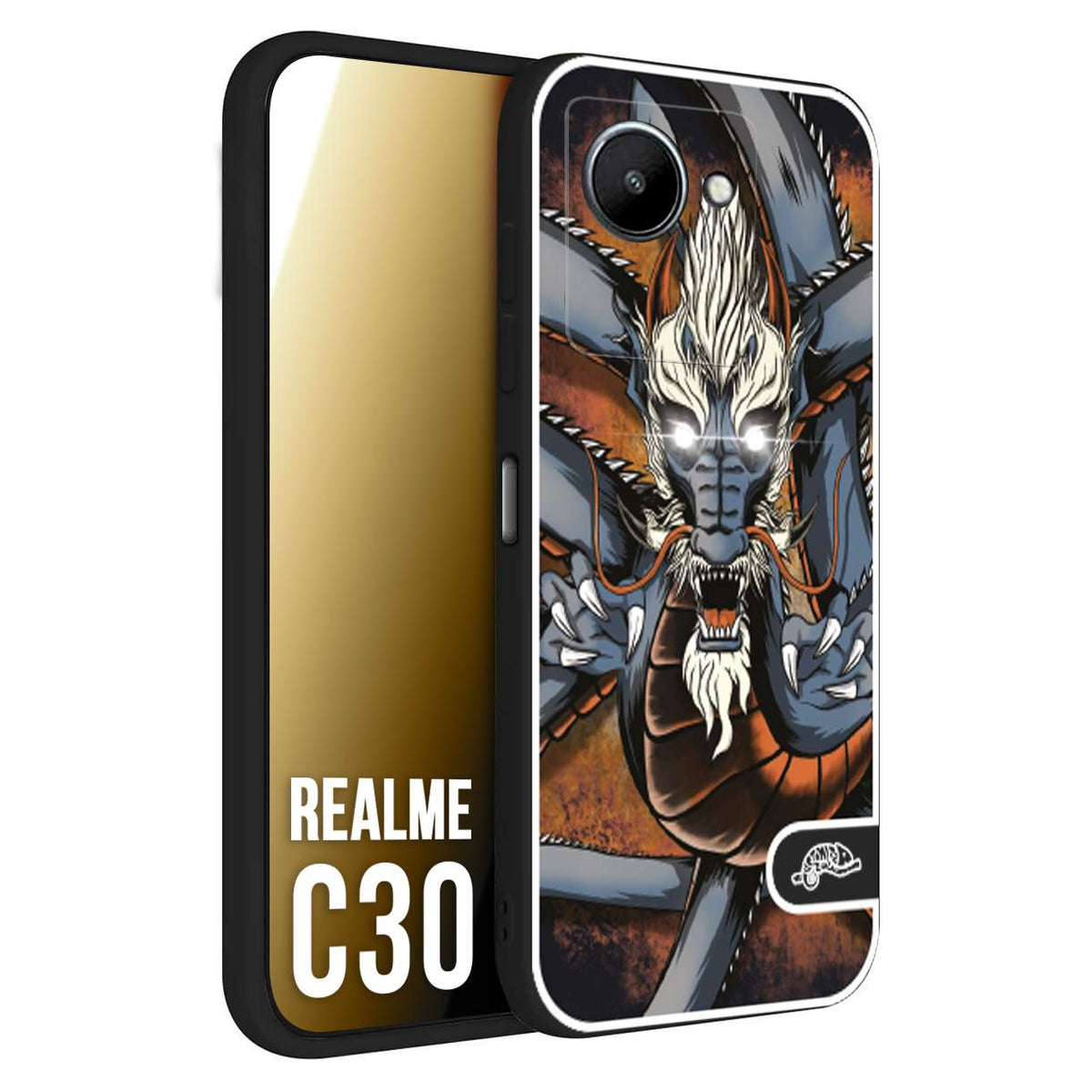 CUSTOMIZZA - Custodia cover nera morbida in tpu compatibile per Realme C30 drago giapponese tattoo japan dragon