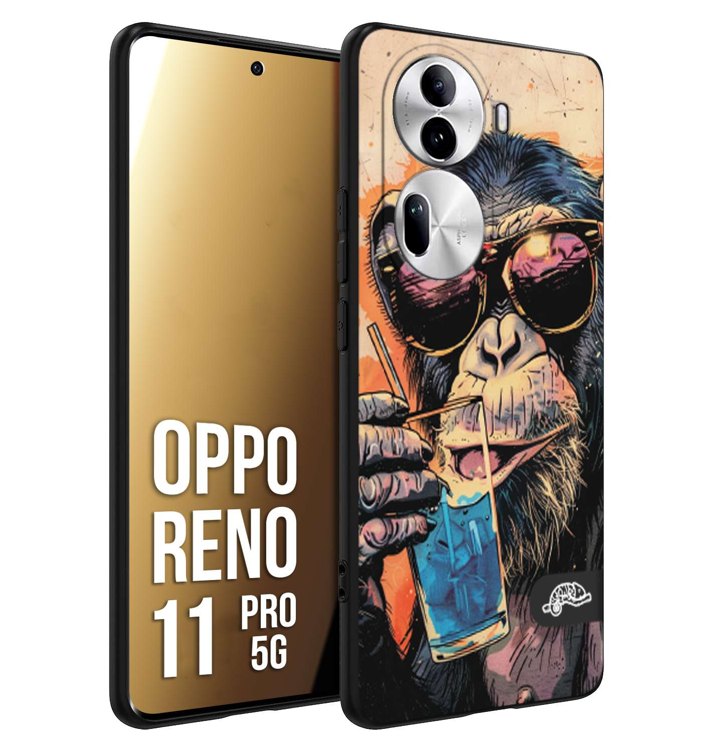 CUSTOMIZZA - Custodia cover nera morbida in tpu compatibile per Oppo Reno 11 PRO 5G estate disegnata cocktails animali simpatici scimmia monkey negroni