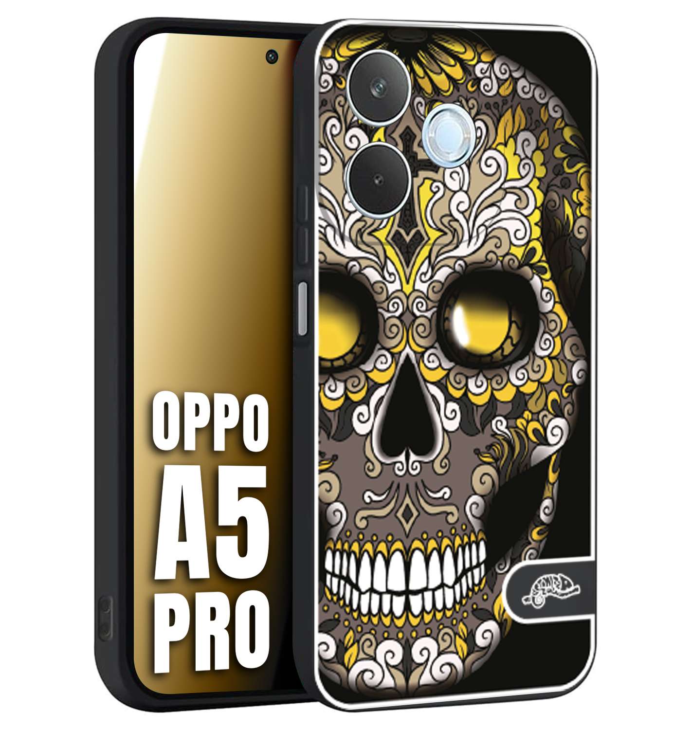 CUSTOMIZZA - Custodia cover nera morbida in tpu compatibile per Oppo A5 PRO teschio messicano Mexican skull nero giallo