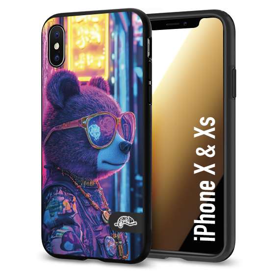 CUSTOMIZZA - Custodia cover nera morbida in tpu compatibile per iPhone X - Xs animali cyberpunk orsetto orso street bear fucsia blu night