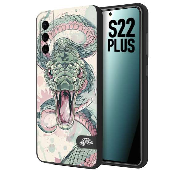 CUSTOMIZZA - Custodia cover nera morbida in tpu compatibile per Samsung S22 PLUS snake pink green serpente tatuaggio tattoo disegnato a mano