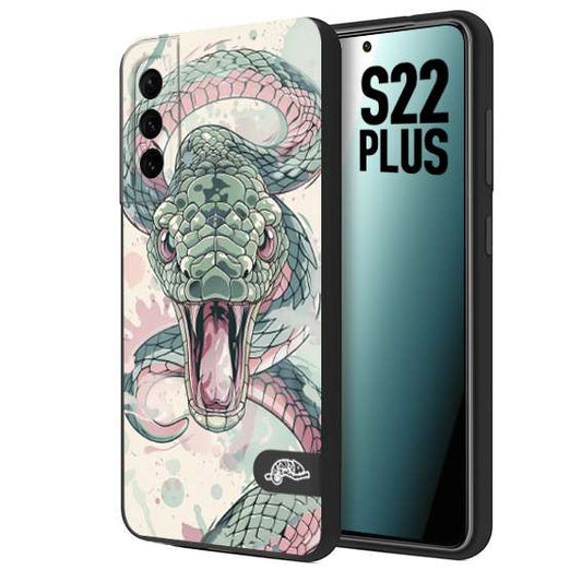CUSTOMIZZA - Custodia cover nera morbida in tpu compatibile per Samsung S22 PLUS snake pink green serpente tatuaggio tattoo disegnato a mano