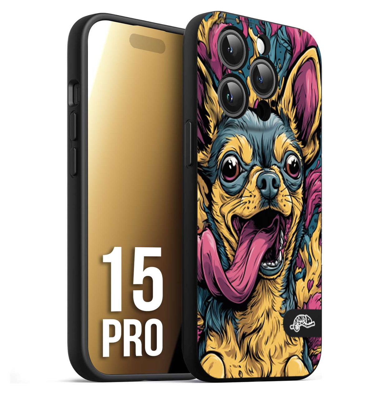 CUSTOMIZZA - Custodia cover nera morbida in tpu compatibile per iPhone 15 PRO Chihuahua illustrazione cane pop art cane street art cartone animato