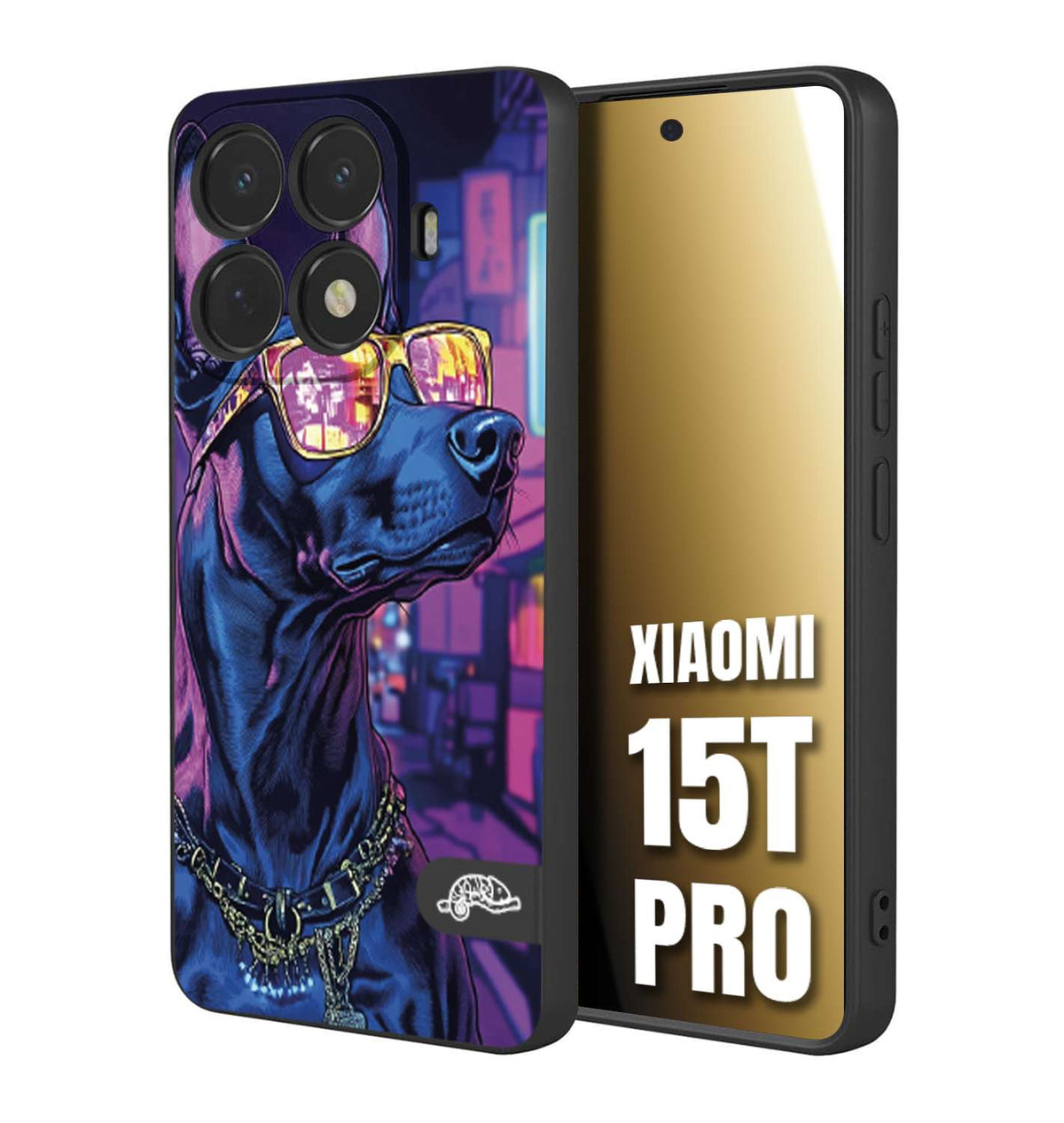 CUSTOMIZZA - Custodia cover nera morbida in tpu compatibile per Xiaomi 15T PRO animali cyberpunk dobermann cane street dog fucsia blu night