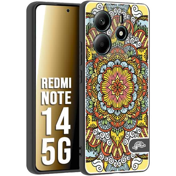 CUSTOMIZZA - Custodia cover nera morbida in tpu compatibile per Xiaomi Redmi Note 14 5G mandala colorato fiore nuvole arancione