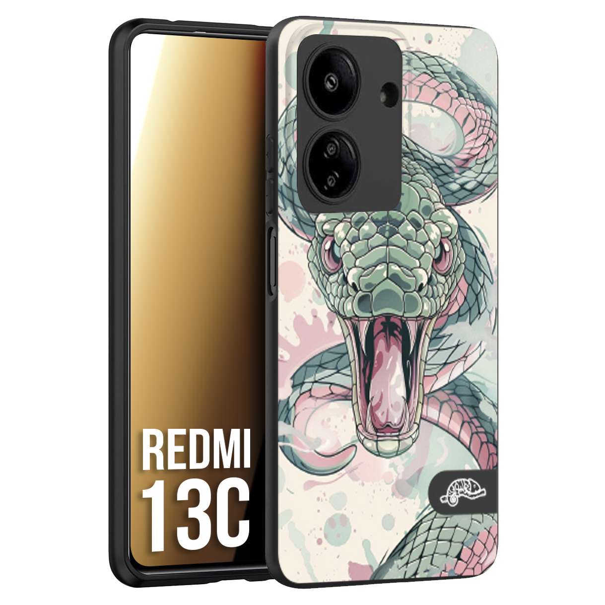 CUSTOMIZZA - Custodia cover nera morbida in tpu compatibile per Xiaomi Redmi 13C snake pink green serpente tatuaggio tattoo disegnato a mano
