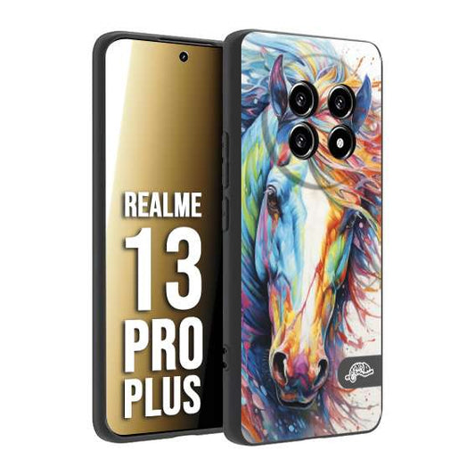 CUSTOMIZZA - Custodia cover nera morbida in tpu compatibile per Realme 13 PRO PLUS animali color cavallo horse viso colori vibranti disegnato schizzo