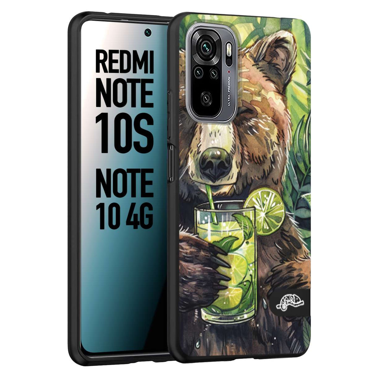 CUSTOMIZZA - Custodia cover nera morbida in tpu compatibile per Xiaomi Redmi Note 10S fiori estate disegnata cocktails animali simpatici orso bear negroni
