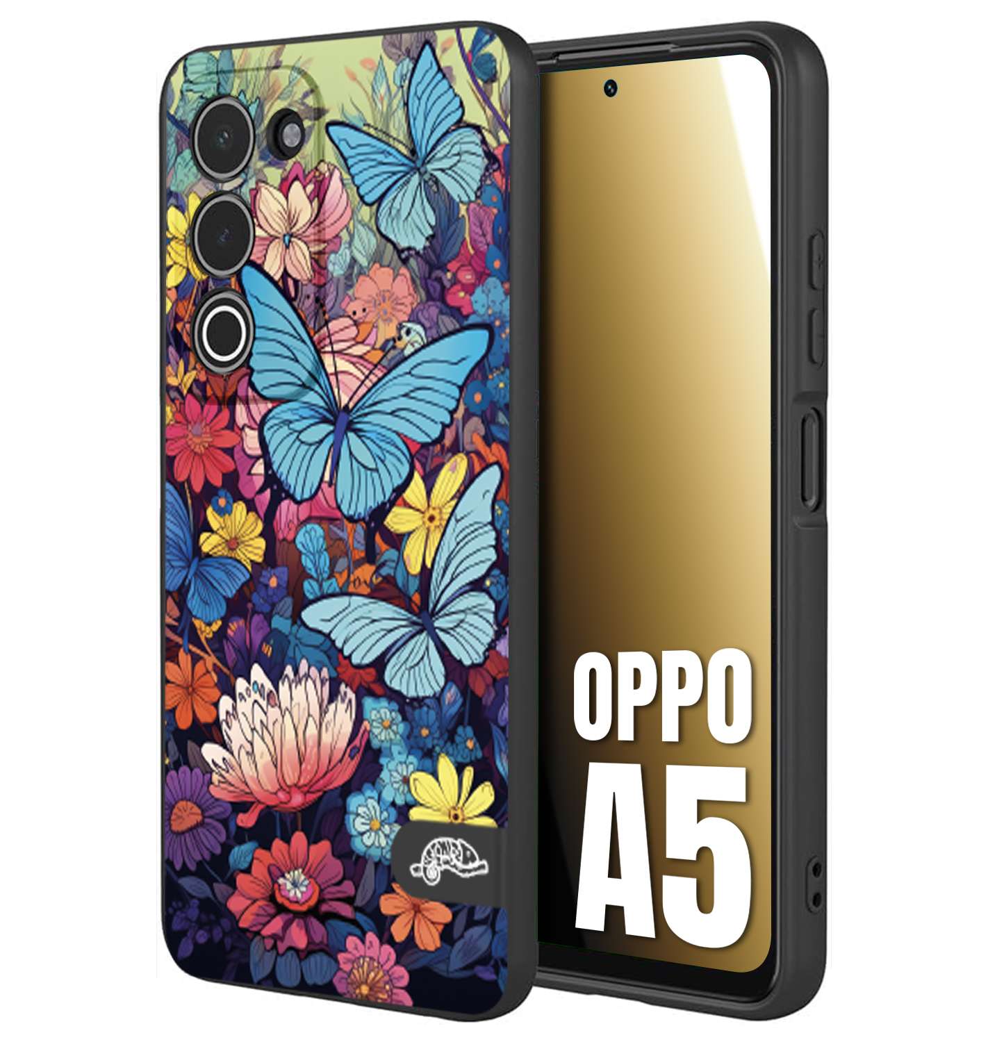 CUSTOMIZZA - Custodia cover nera morbida in tpu compatibile per Oppo A5 farfalle butterfly moderno donna disegnate gialla blu rosa
