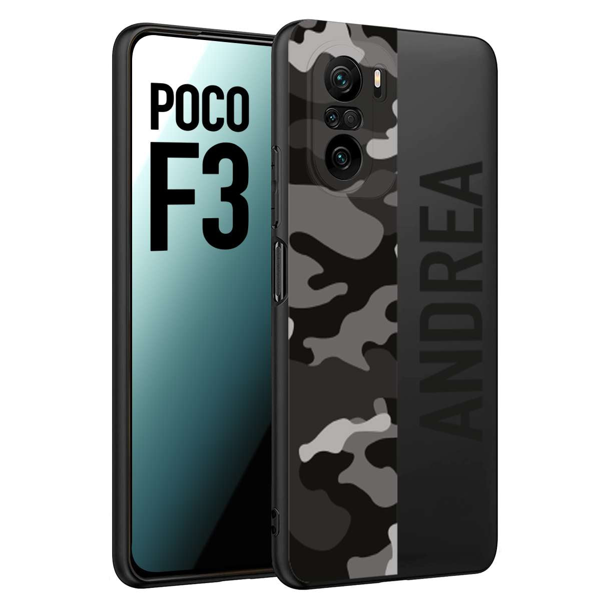 CUSTOMIZZA - Custodia cover nera morbida in tpu compatibile per Xiaomi Poco F3 camouflage mimetico militare personalizzata nome