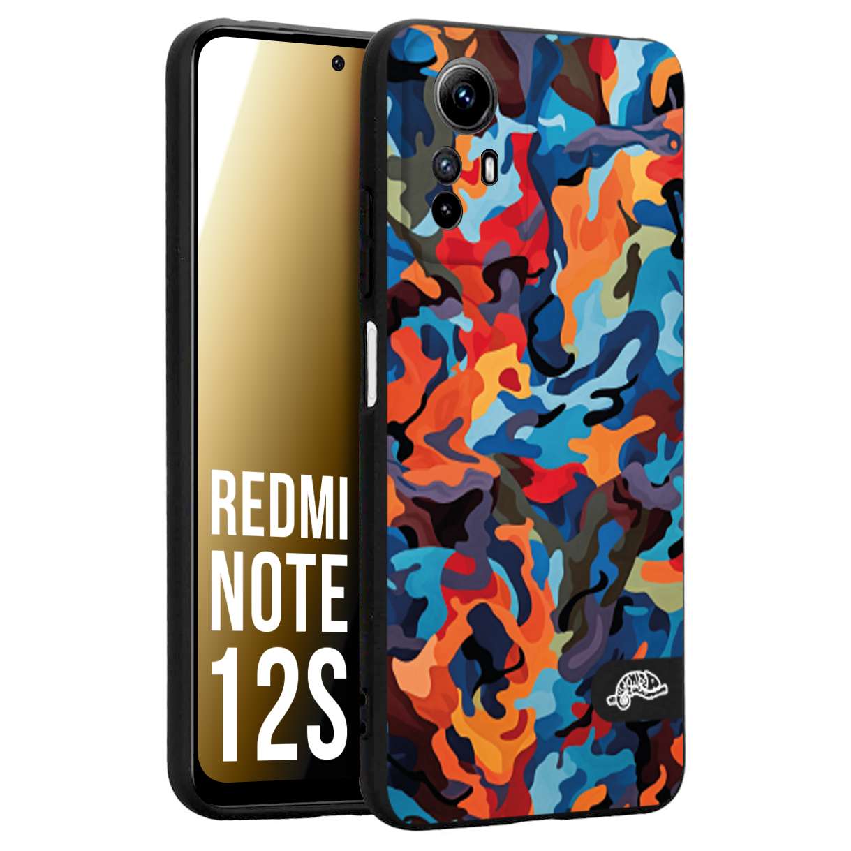 CUSTOMIZZA - Custodia cover nera morbida in tpu compatibile per Xiaomi Redmi Note 12S camouflage mimetico militare moderno blu arancio rosso