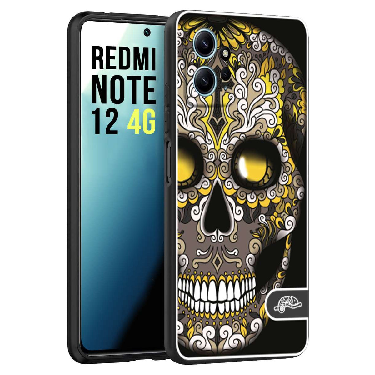 CUSTOMIZZA - Custodia cover nera morbida in tpu compatibile per Xiaomi Redmi Note 12 4G teschio messicano Mexican skull nero giallo