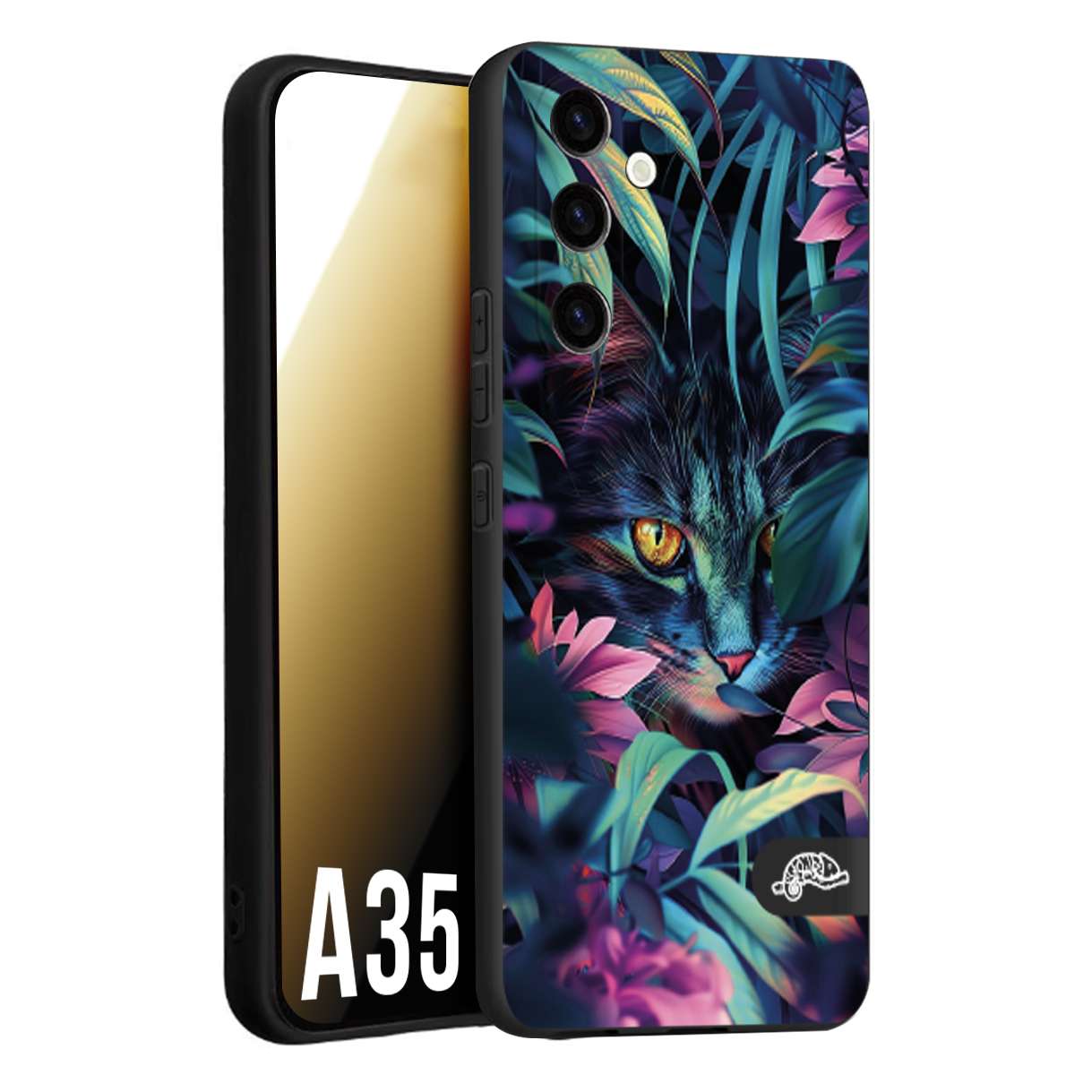 CUSTOMIZZA - Custodia cover nera morbida in tpu compatibile per Samsung A35 5G animali color giungla tropicale occhio di gatto colori vibranti disegnato