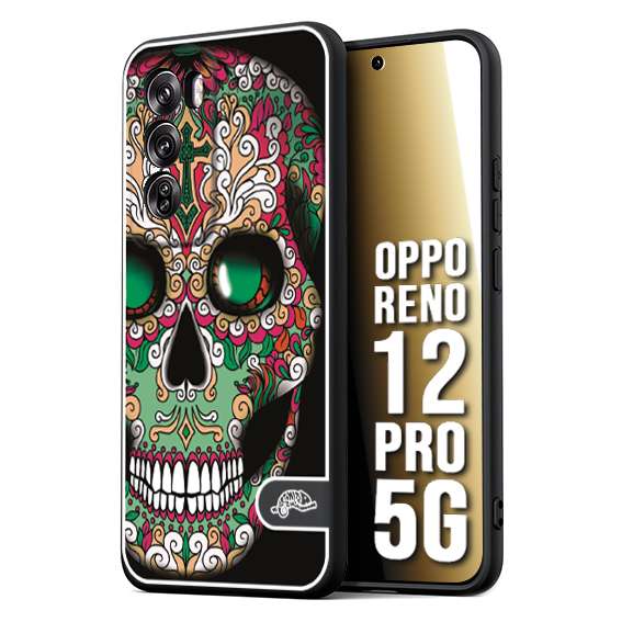 CUSTOMIZZA - Custodia cover nera morbida in tpu compatibile per Oppo Reno 12 PRO 5G teschio messicano Mexican skull verde fucsia
