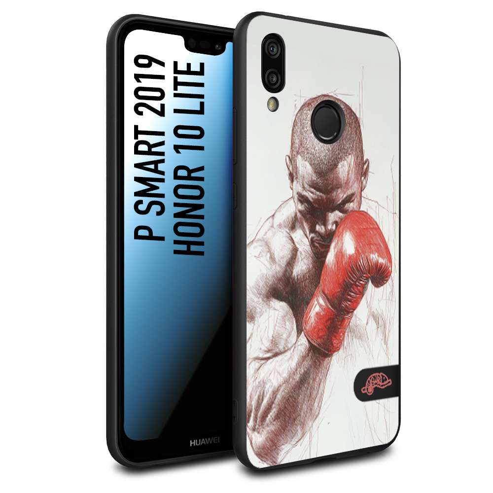 CUSTOMIZZA - Custodia cover nera morbida in tpu compatibile per Huawei P Smart 2019 pugilato pugili disegno tattoo guantoni box sport primo piano