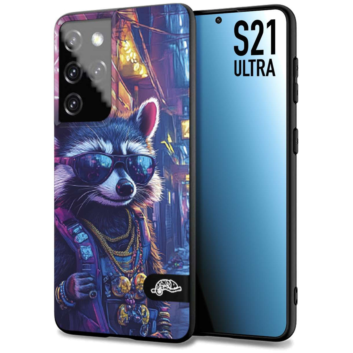 CUSTOMIZZA - Custodia cover nera morbida in tpu compatibile per Samsung S21 ULTRA animali simpatici cyberpunk procione racoon street cat fucsia blu giallo