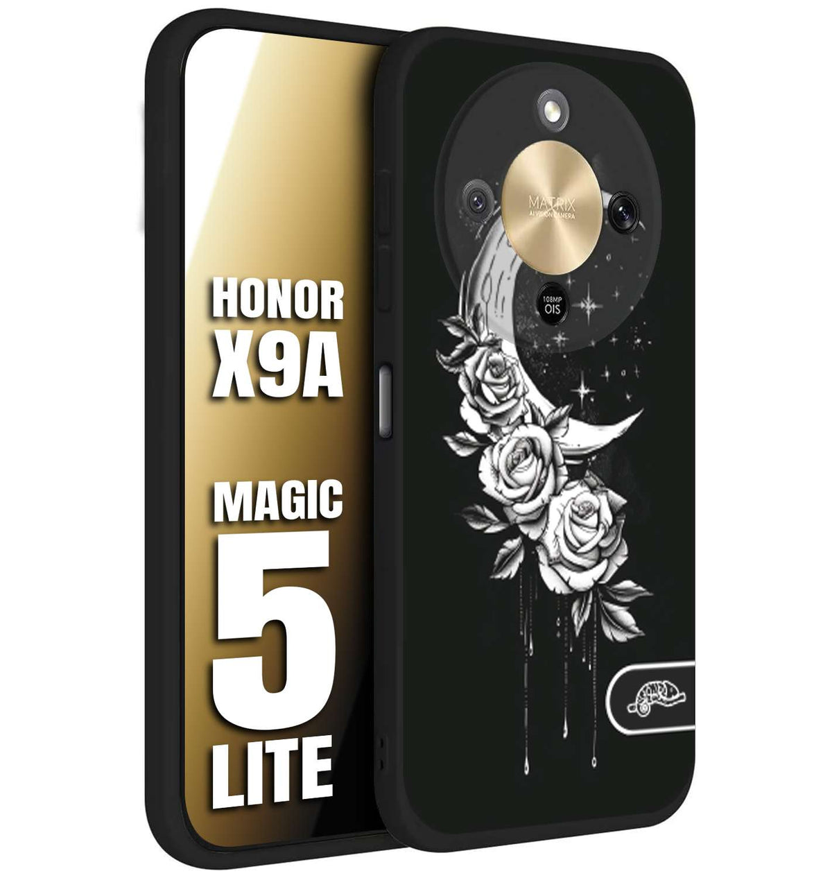 CUSTOMIZZA - Custodia cover nera morbida in tpu compatibile per Honor X9A - Honor Magic 5 Lite luna e fiori moon flowers black and white bianco a rilievo disegnato