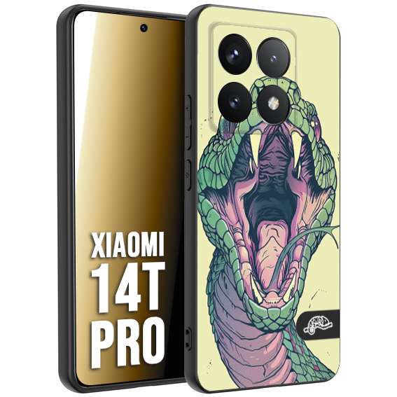 CUSTOMIZZA - Custodia cover nera morbida in tpu compatibile per Xiaomi 14T PRO snake yellow green serpente tatuaggio tattoo disegnato a mano