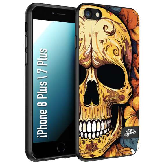 CUSTOMIZZA - Custodia cover nera morbida in tpu compatibile per iPhone 7 Plus - 8 plus teschio messicano colorato dorato fiori autunnali disegnato