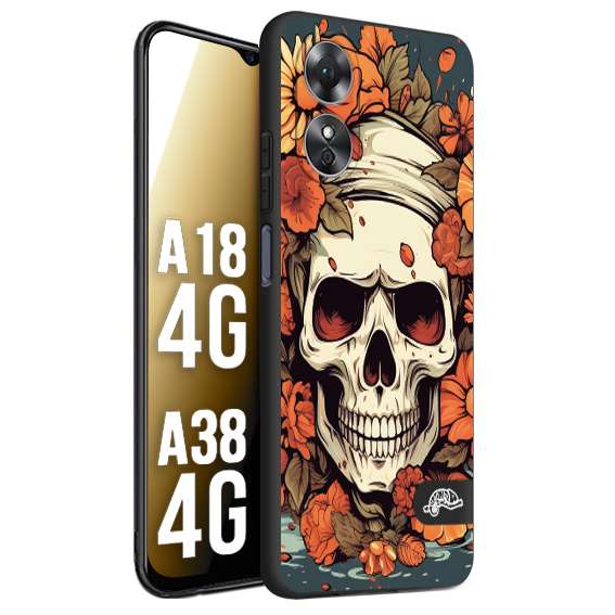 CUSTOMIZZA - Custodia cover nera morbida in tpu compatibile per Oppo A18 4G - A38 4G teschio skull flowers fiori tattoo disegnato alta definizione