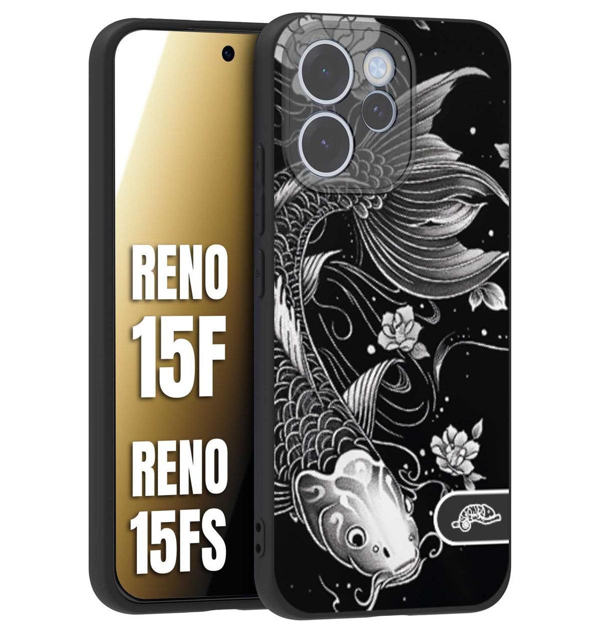 CUSTOMIZZA - Custodia cover nera morbida in tpu compatibile per Oppo Reno 15 F - Reno 15 FS carpa koi black and white bianco a rilievo disegnato tattoo tatuaggio