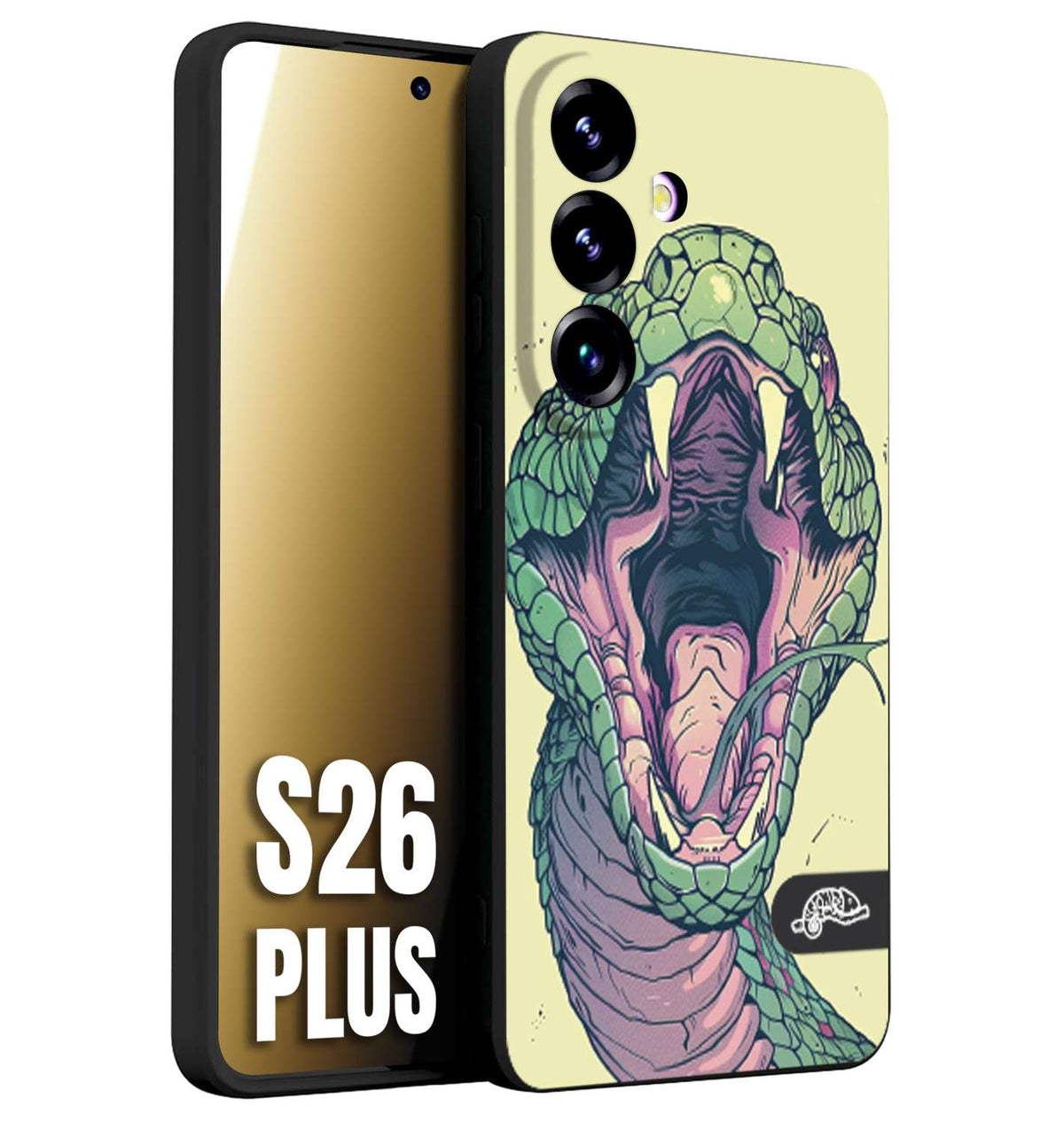 CUSTOMIZZA - Custodia cover nera morbida in tpu compatibile per Samsung S26 PLUS snake yellow green serpente tatuaggio tattoo disegnato a mano