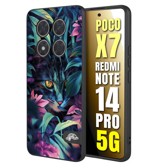 CUSTOMIZZA - Custodia cover nera morbida in tpu compatibile per Xiaomi Redmi Note 14 PRO 5G animali color giungla tropicale occhio di gatto colori vibranti disegnato