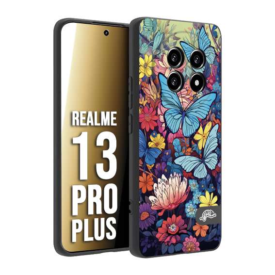 CUSTOMIZZA - Custodia cover nera morbida in tpu compatibile per Realme 13 PRO PLUS farfalle butterfly moderno donna disegnate gialla blu rosa