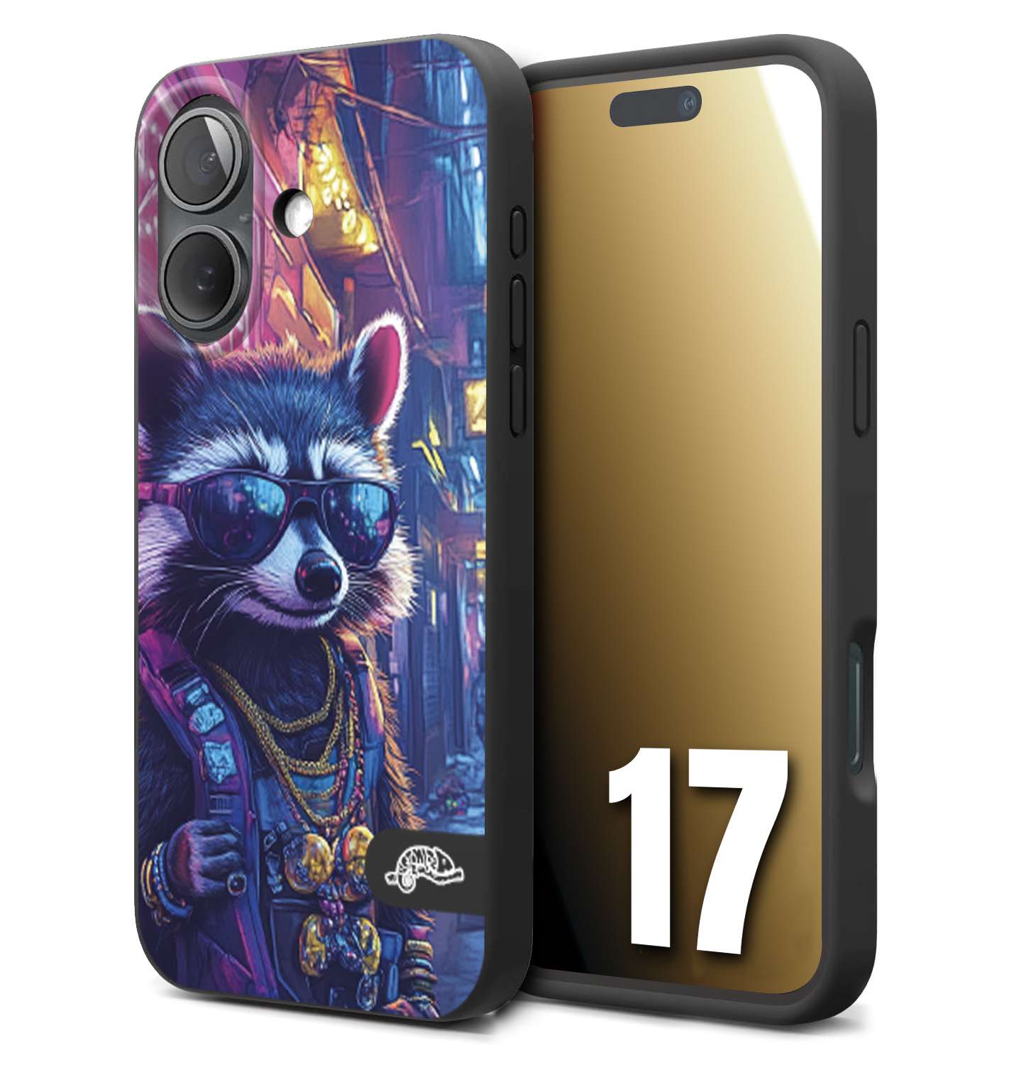 CUSTOMIZZA - Custodia cover nera morbida in tpu compatibile per iPhone 17 animali simpatici cyberpunk procione racoon street cat fucsia blu giallo