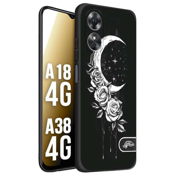 CUSTOMIZZA - Custodia cover nera morbida in tpu compatibile per Oppo A18 4G - A38 4G luna e fiori moon flowers black and white bianco a rilievo disegnato tattoo tatuaggio