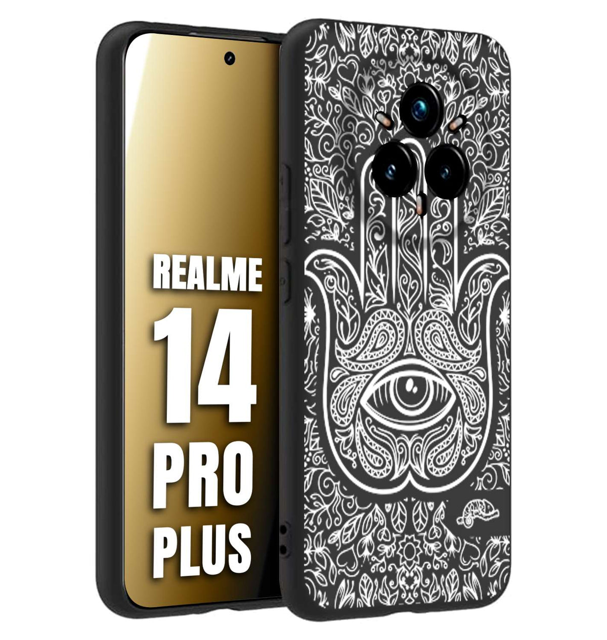 CUSTOMIZZA - Custodia cover nera morbida in tpu compatibile per Realme 14 PRO PLUS mano di fatima effetto rilievo mandala donna