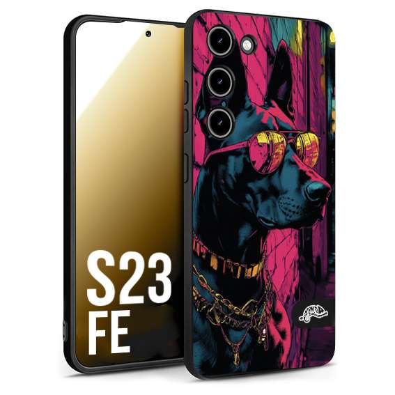 CUSTOMIZZA - Custodia cover nera morbida in tpu compatibile per Samsung S23 FE animali cyberpunk dobermann cane street dog fucsia blu