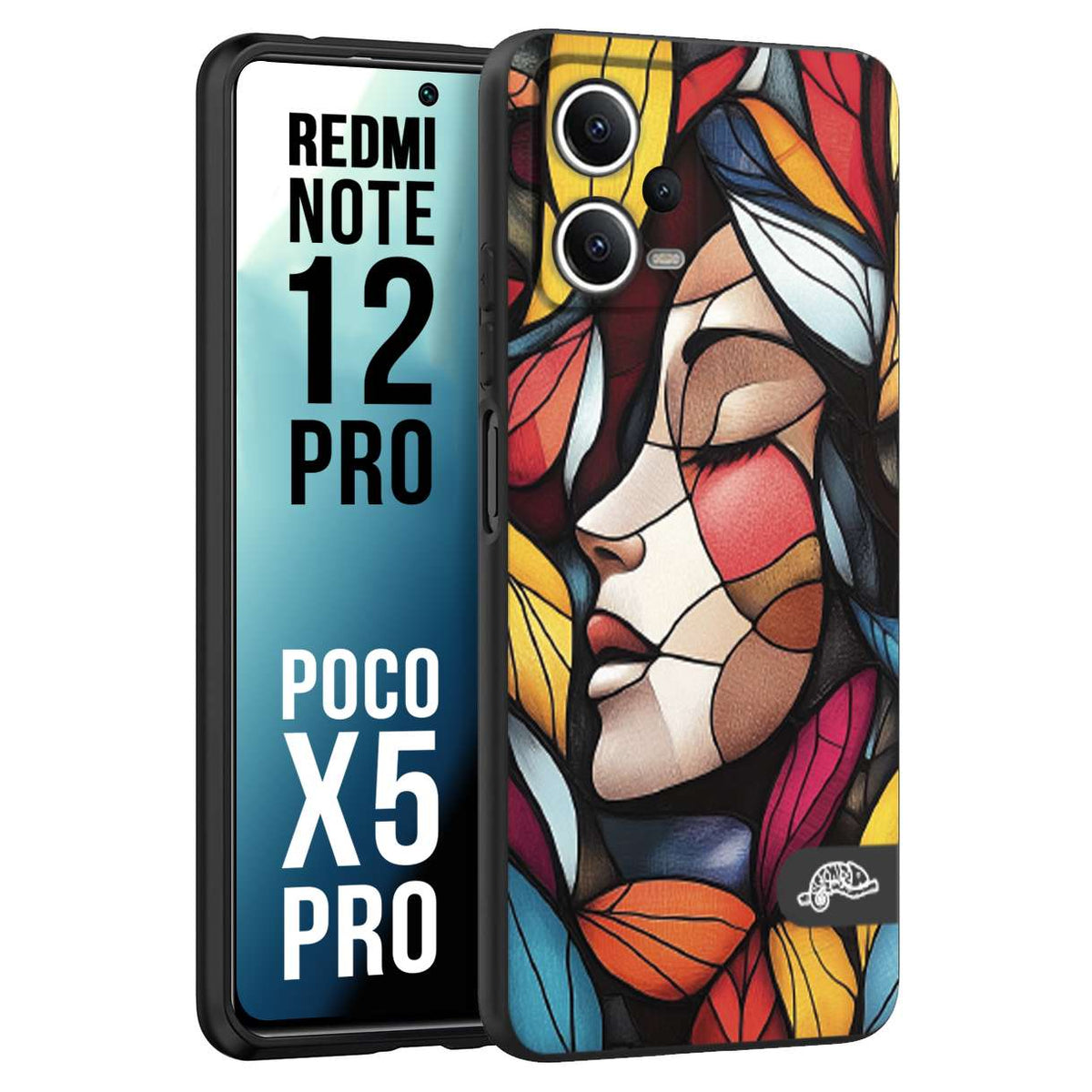 CUSTOMIZZA - Custodia cover nera morbida in tpu compatibile per Xiaomi Redmi Note 12 PRO - POCO X5 PRO Vetrata artistica volto di donna profilo fogliare mosaico di vetro colorato