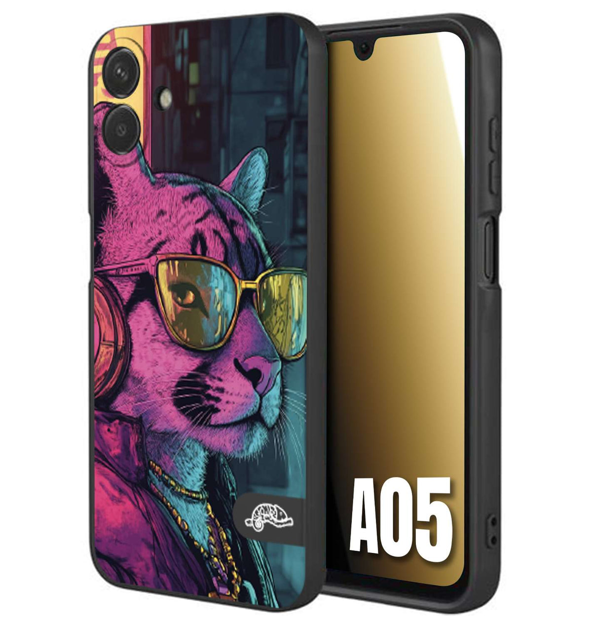 CUSTOMIZZA - Custodia cover nera morbida in tpu compatibile per Samsung A05 animali cyberpunk pantera street cat fucsia blu giallo