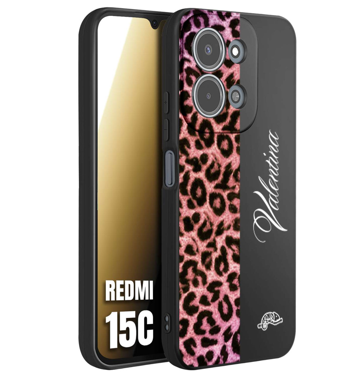 CUSTOMIZZA - Custodia cover nera morbida in tpu compatibile per Xiaomi Redmi 15C leopardato rosa fucsia personalizzata nome iniziali