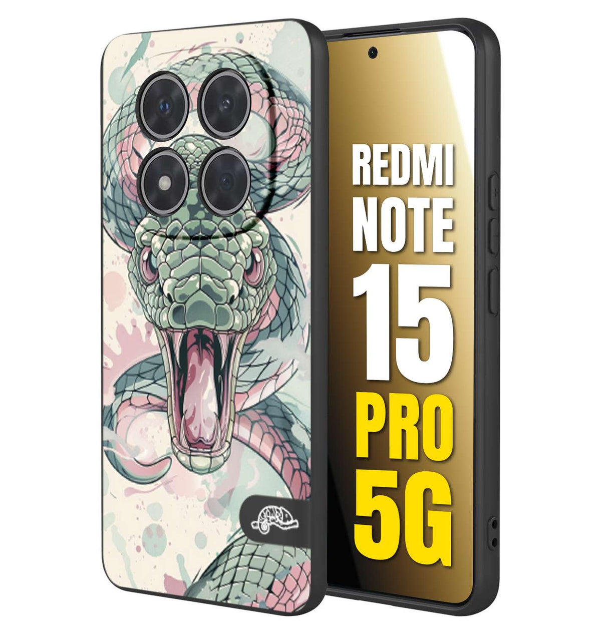 CUSTOMIZZA - Custodia cover nera morbida in tpu compatibile per Xiaomi Redmi Note 15 PRO 5G snake pink green serpente tatuaggio tattoo disegnato a mano
