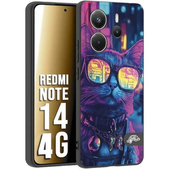 CUSTOMIZZA - Custodia cover nera morbida in tpu compatibile per Xiaomi Redmi Note 14 4G animali cyberpunk gatto street cat fucsia blu giallo