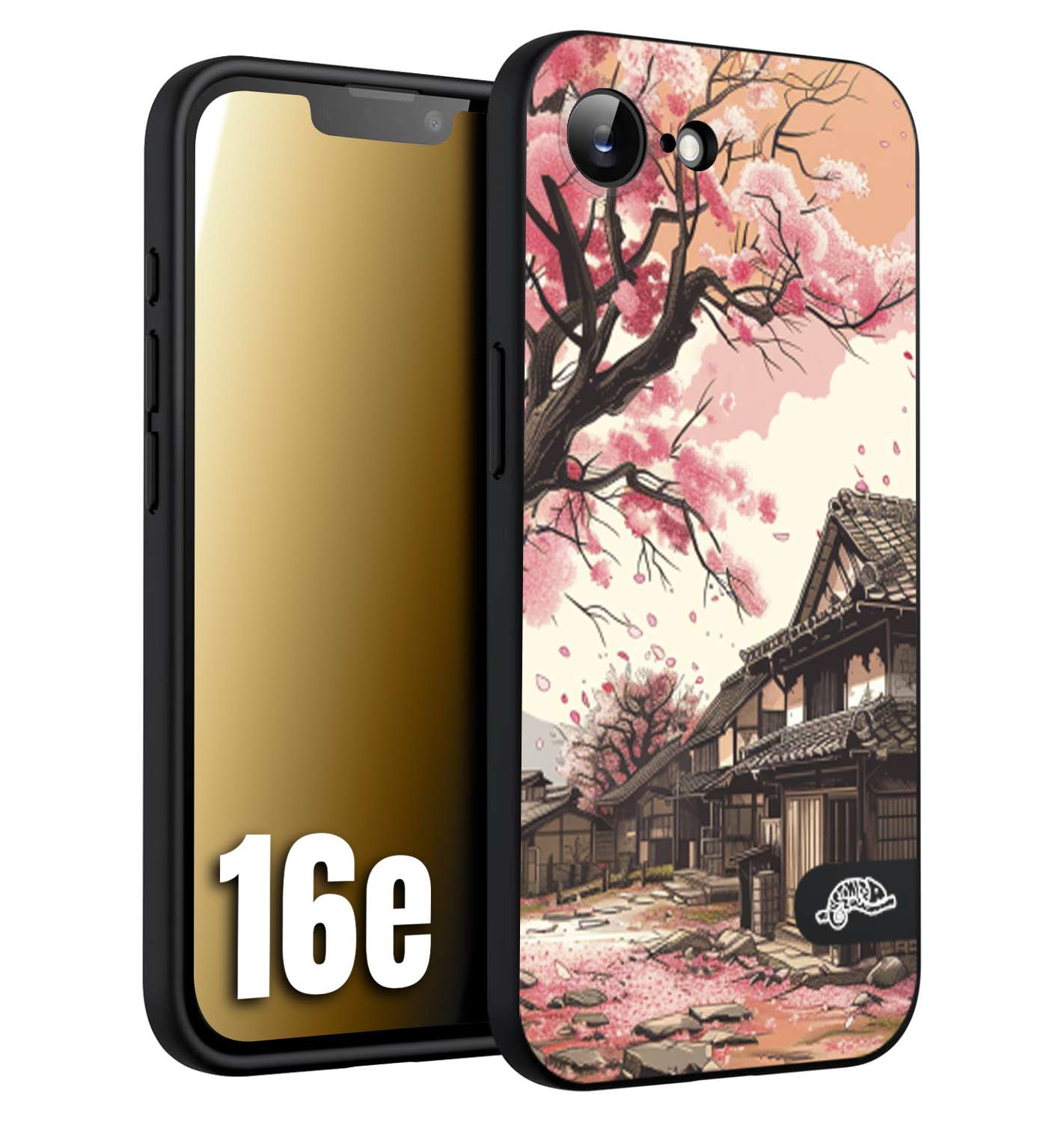 CUSTOMIZZA - Custodia cover nera morbida in tpu compatibile per iPhone 16E casa giapponese rosa ciliegio in fiore disegnata tattoo