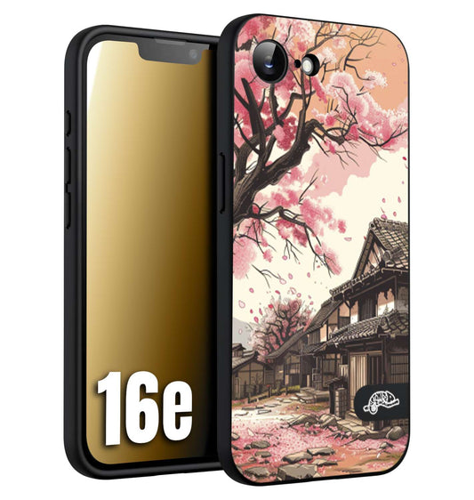 CUSTOMIZZA - Custodia cover nera morbida in tpu compatibile per iPhone 16E casa giapponese rosa ciliegio in fiore disegnata tattoo