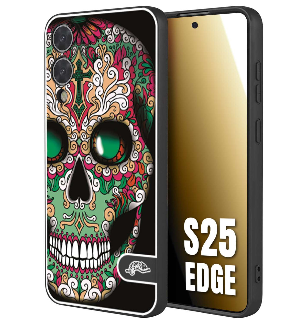 CUSTOMIZZA - Custodia cover nera morbida in tpu compatibile per Samsung S25 EDGE teschio messicano Mexican skull verde fucsia