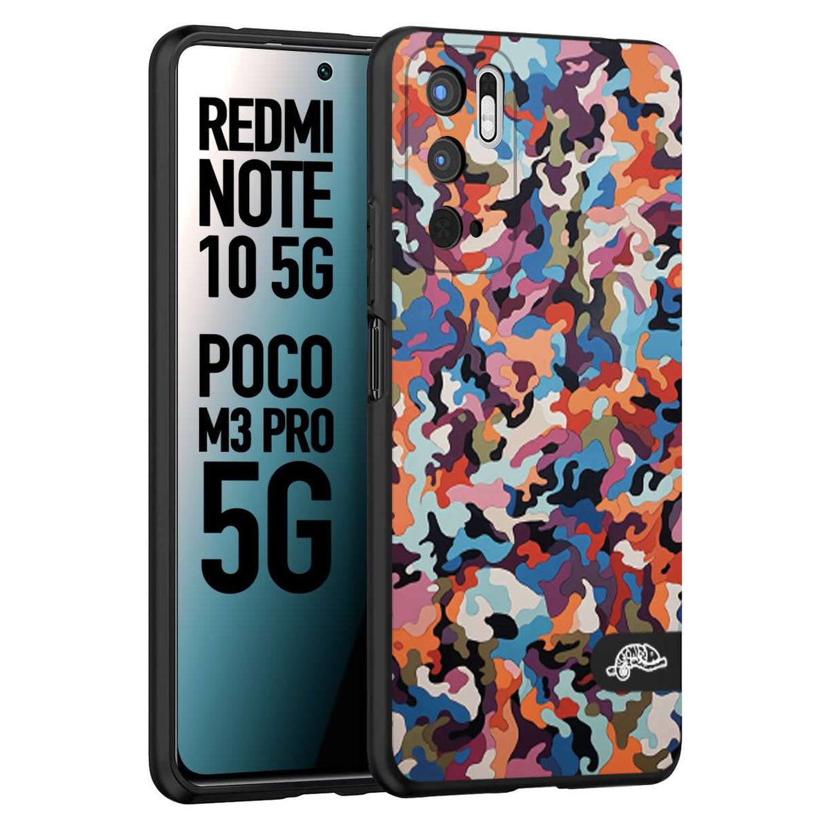 CUSTOMIZZA - Custodia cover nera morbida in tpu compatibile per Xiaomi Redmi Note 10 5G - Poco M3 Pro 5G camouflage mimetico militare moderno blu arancio rosa