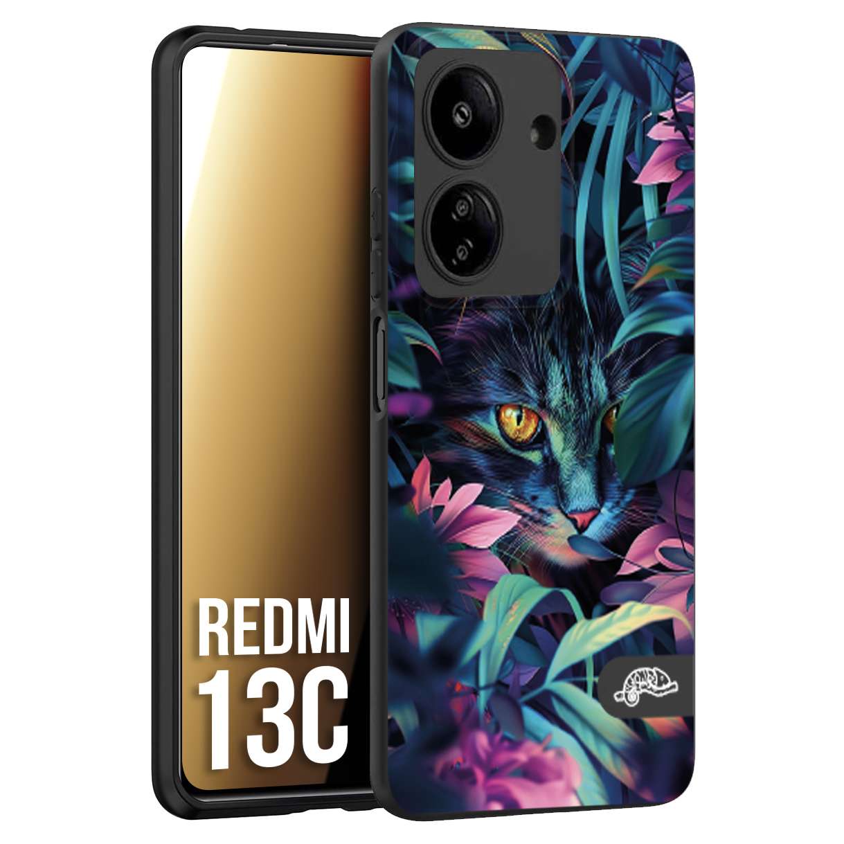 CUSTOMIZZA - Custodia cover nera morbida in tpu compatibile per Xiaomi Redmi 13C animali color giungla tropicale occhio di gatto colori vibranti disegnato