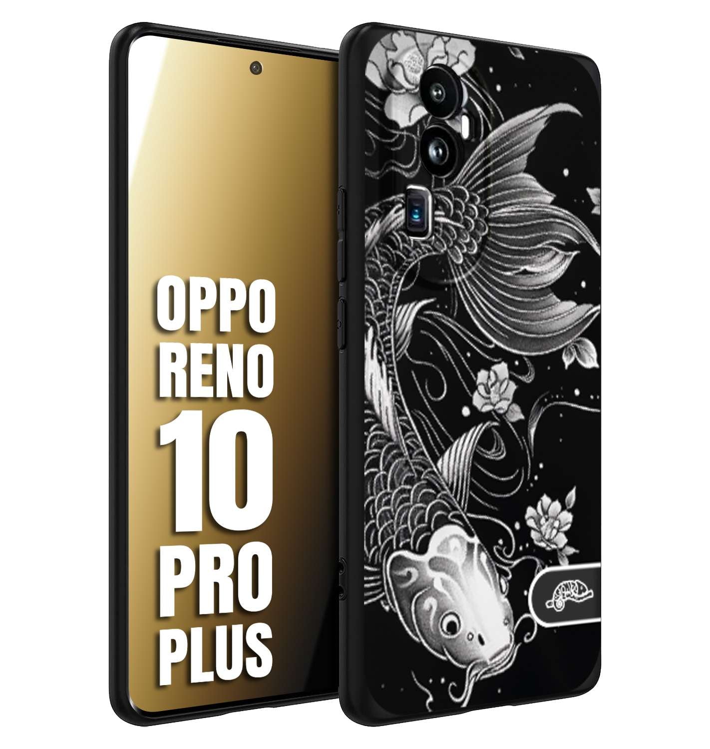 CUSTOMIZZA - Custodia cover nera morbida in tpu compatibile per Oppo Reno 10 PRO PLUS carpa koi black and white bianco a rilievo disegnato tattoo tatuaggio