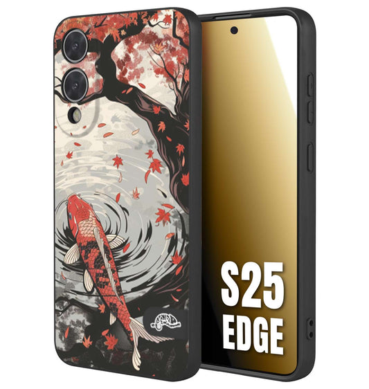 CUSTOMIZZA - Custodia cover nera morbida in tpu compatibile per Samsung S25 EDGE giapponese lago carpa koi rossa con foglie d'acero rosso disegnata tattoo