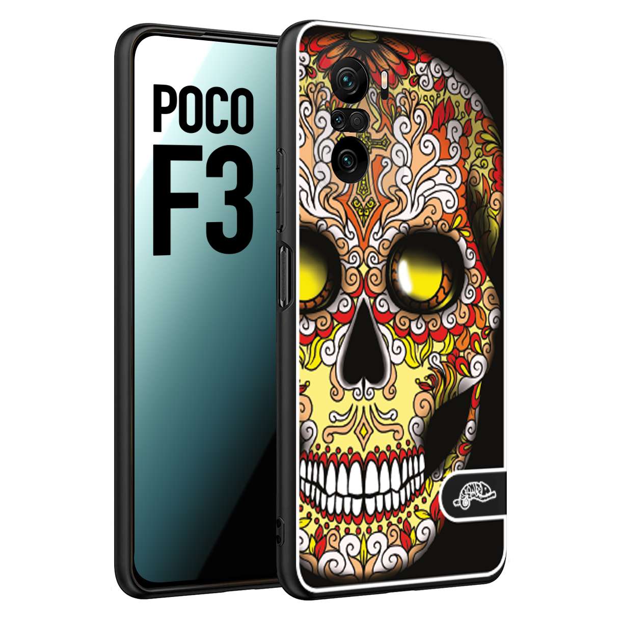 CUSTOMIZZA - Custodia cover nera morbida in tpu compatibile per Xiaomi Poco F3 teschio messicano Mexican skull giallo rosso arancio