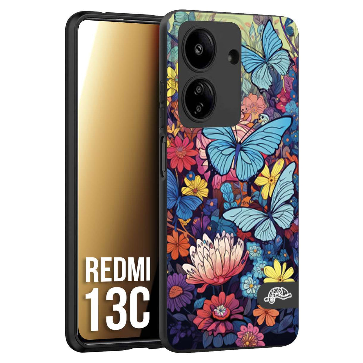 CUSTOMIZZA - Custodia cover nera morbida in tpu compatibile per Xiaomi Redmi 13C farfalle butterfly moderno donna disegnate gialla blu rosa